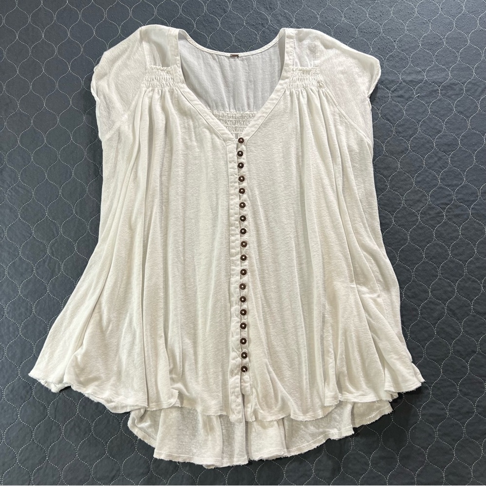 Free People White/Cream Button-Front Flowy V-Neck Blouse